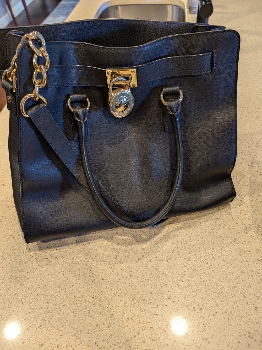 Black Leather Satchel Handbag with Gold Hardware